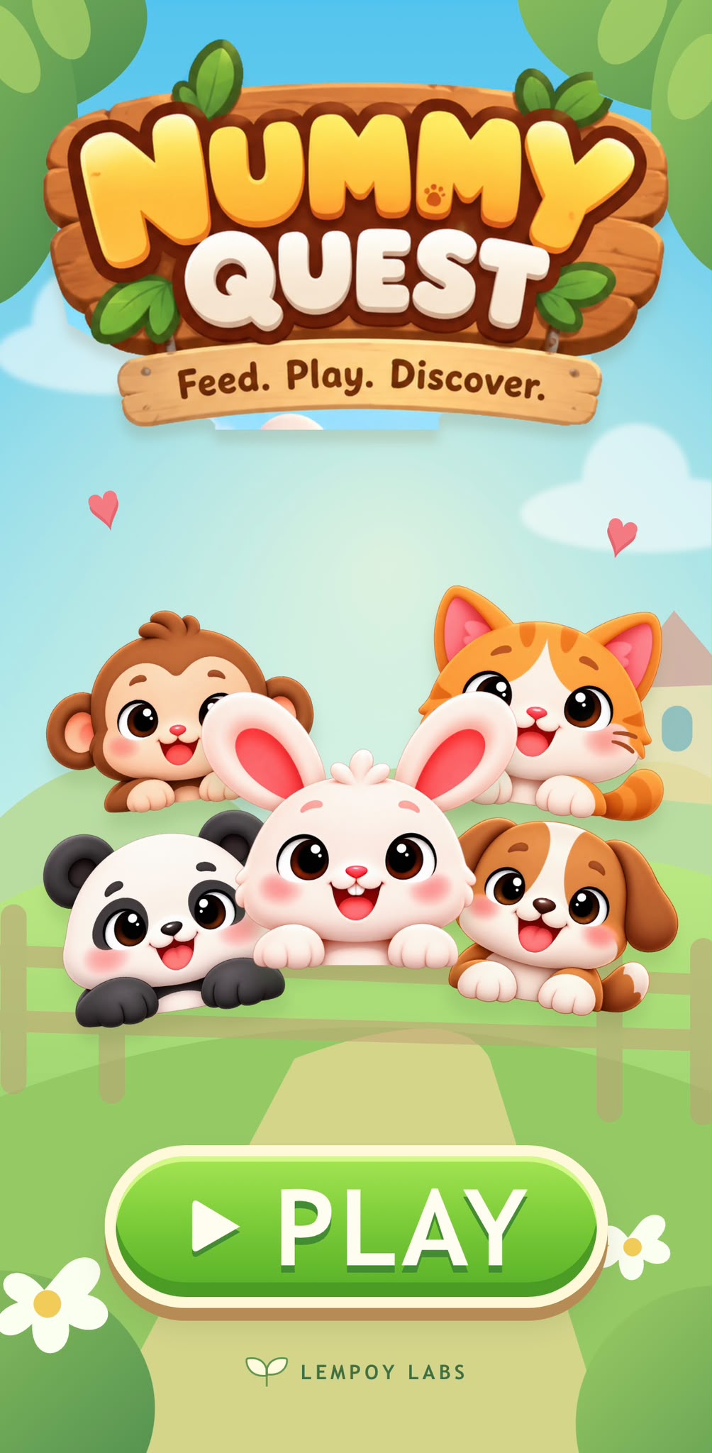 Nummy Quest promotional artwork featuring friendly animals and the tagline Feed. Play. Discover.