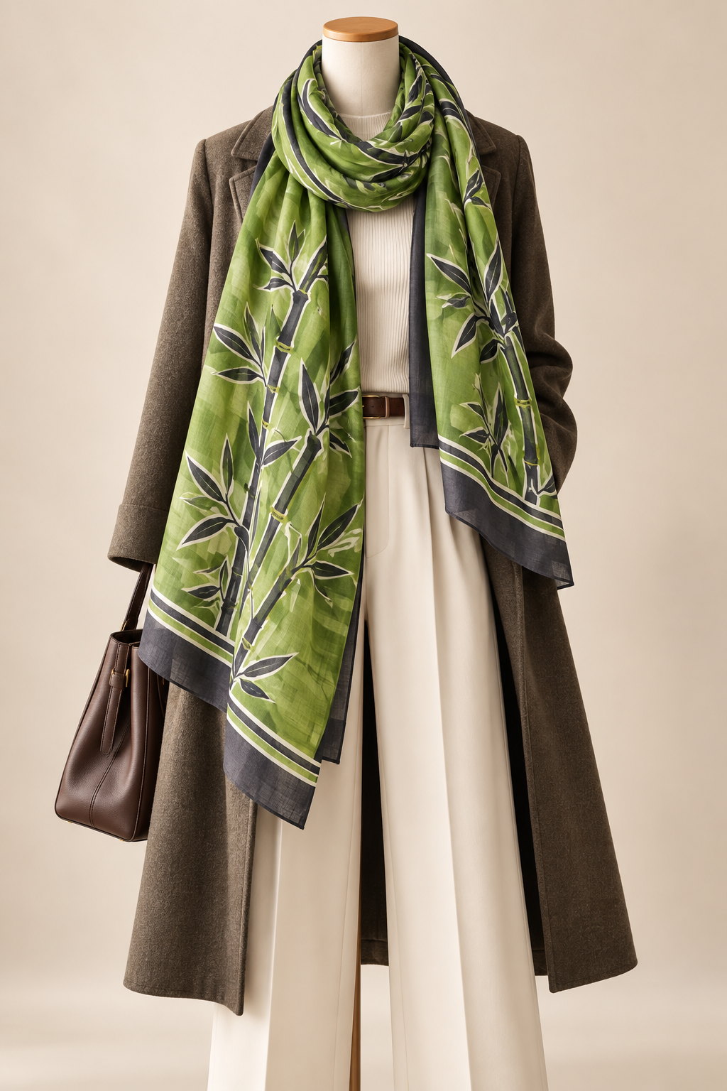 Bamboo Grove green bamboo hand-painted silk stole styled with autumn clothing