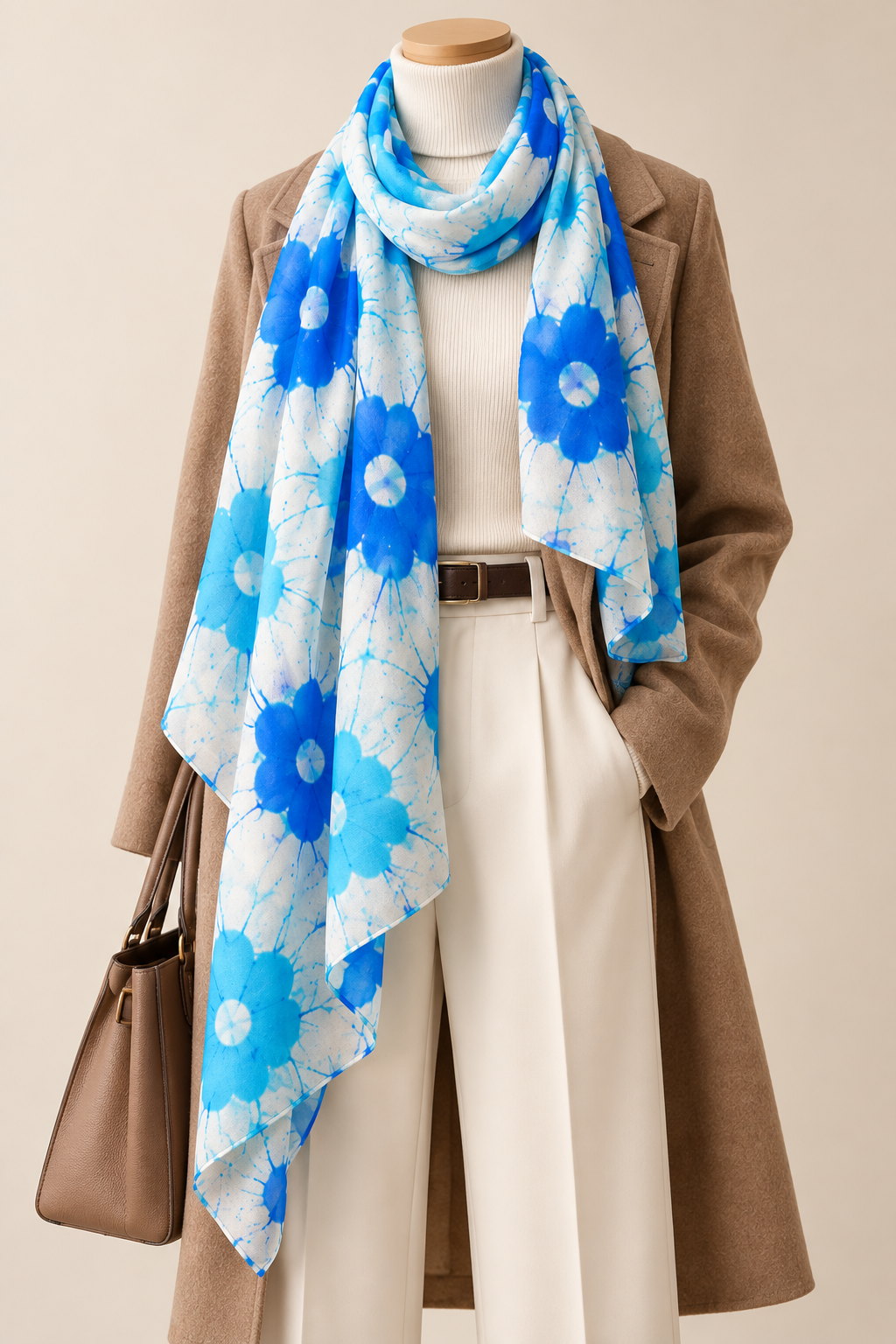 Meadow Blossom blue hand-painted silk stole styled with autumn clothing