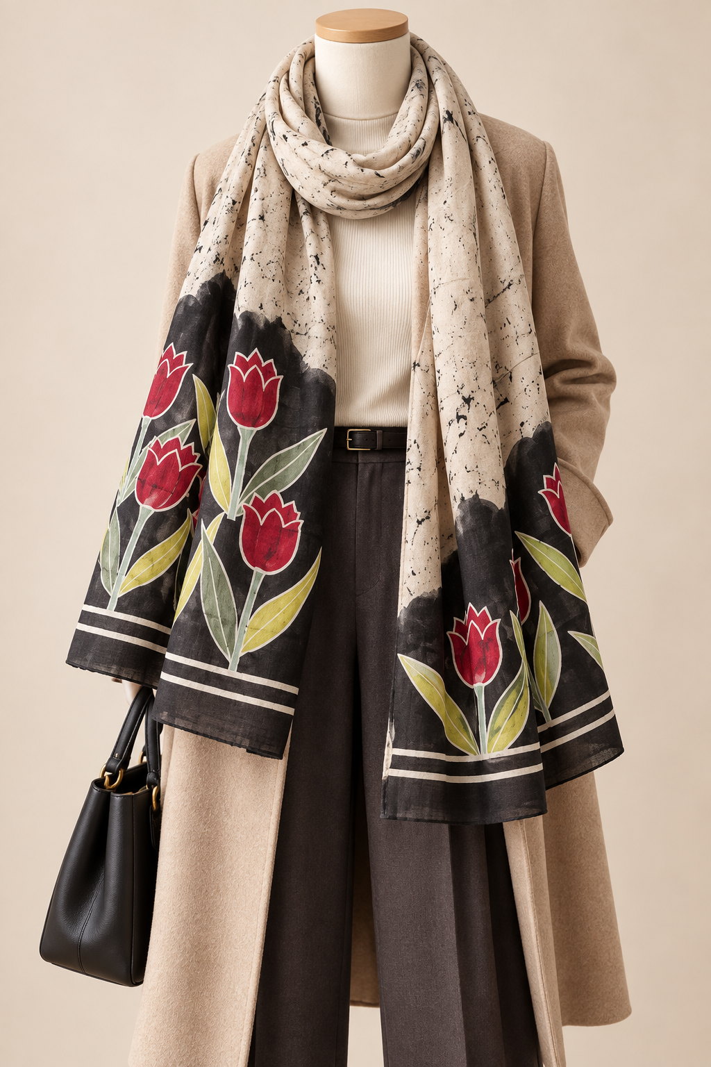 Midnight Tulips ivory black and red hand-painted silk stole styled with autumn clothing