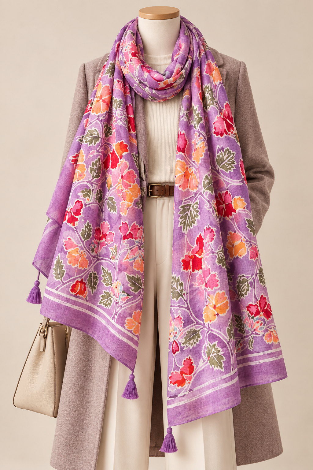 Sweet Pea Vine lavender floral hand-painted silk stole styled with autumn clothing