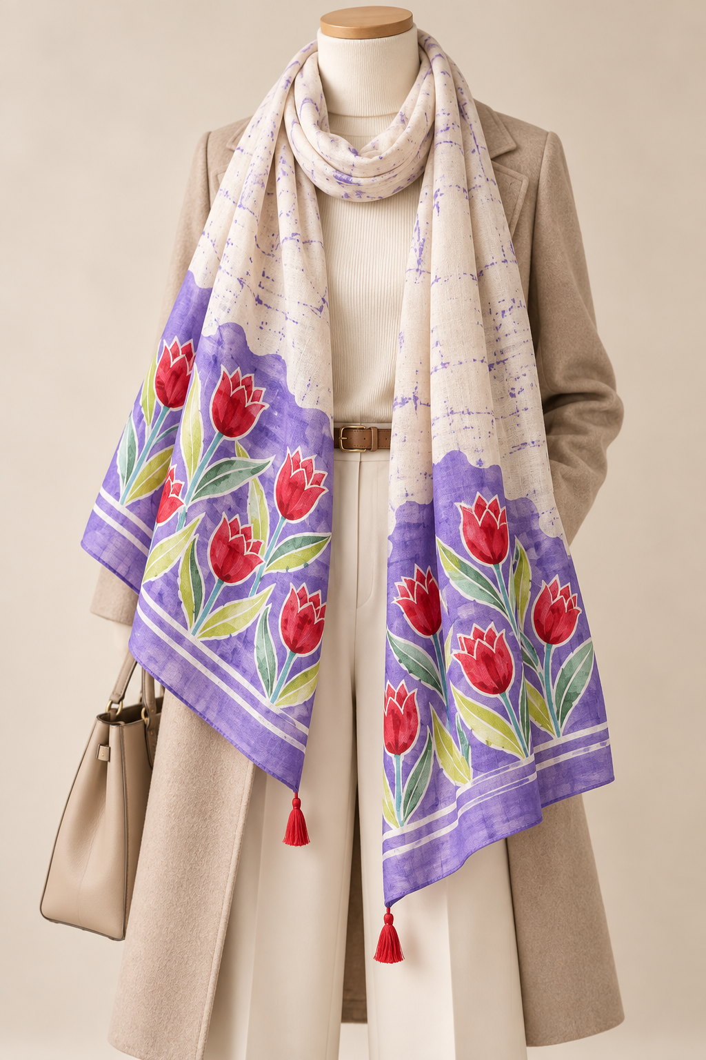Tulip Row ivory lavender and red hand-painted silk stole styled with autumn clothing