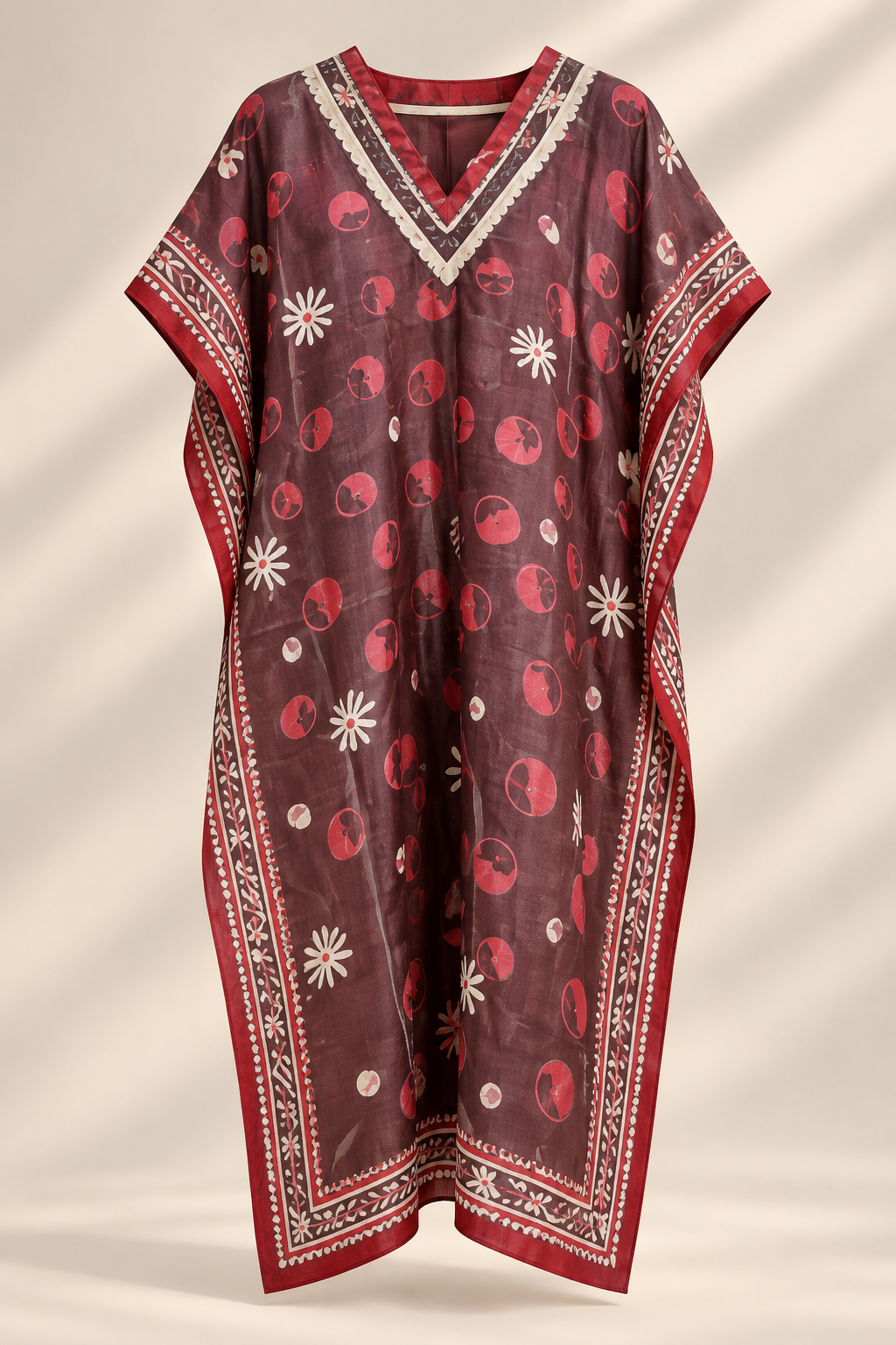 Crimson Dusk burgundy hand-painted silk kaftan design reference