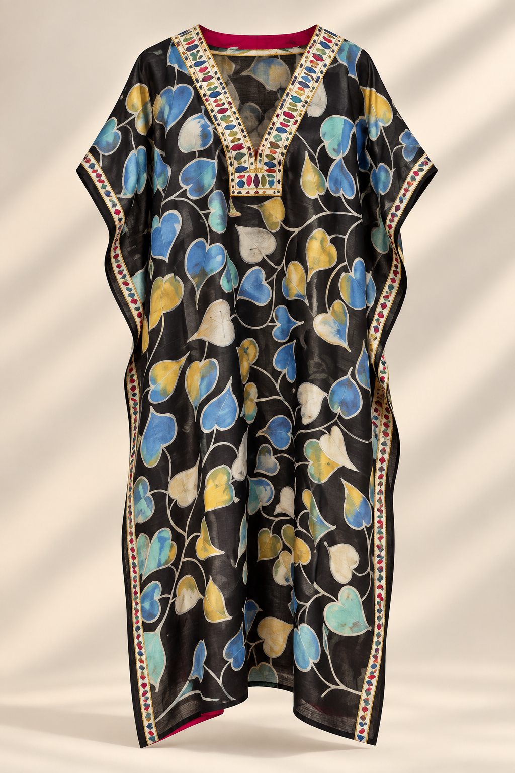 Midnight Leaves black and blue hand-painted silk kaftan design reference