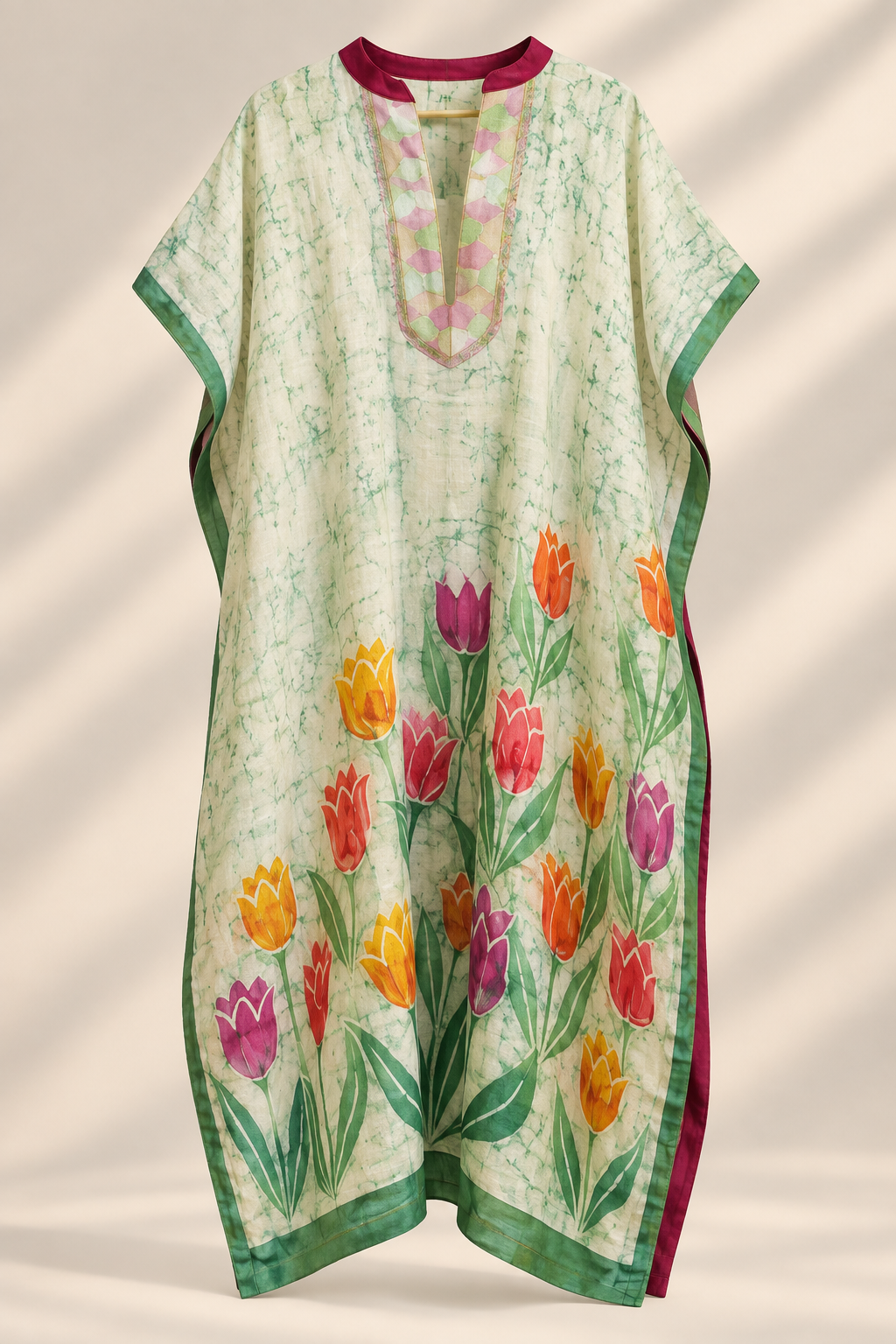 Tulip Meadow ivory floral hand-painted silk kaftan design reference