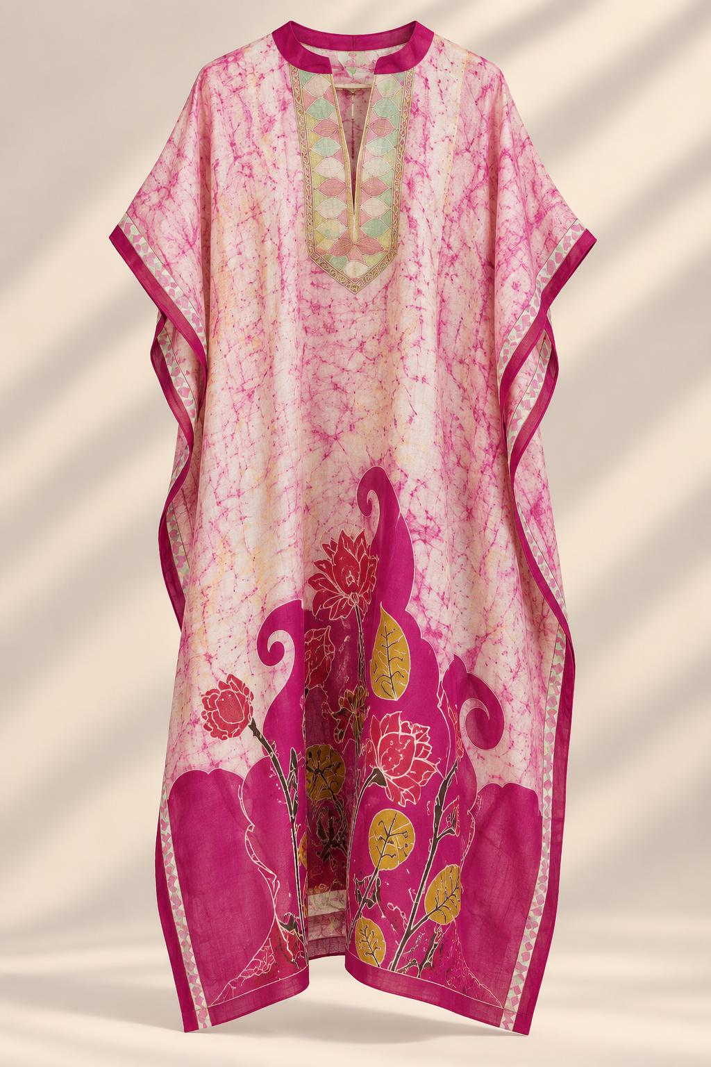 Magenta Garden blush and magenta hand-painted silk kaftan design reference