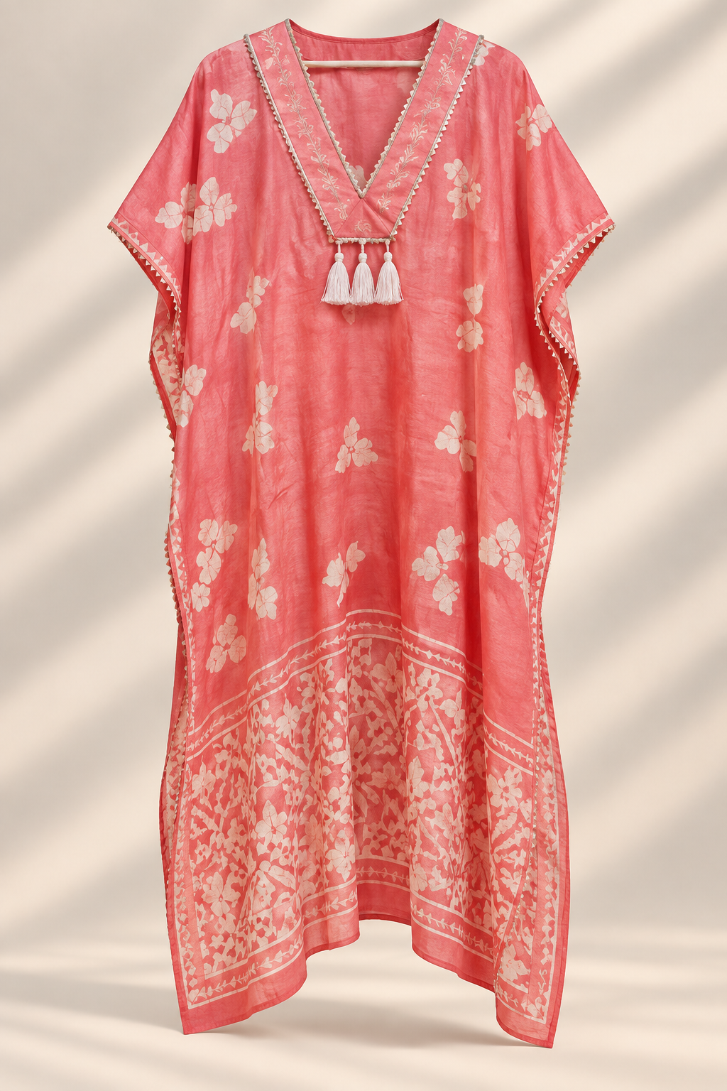 Coral Bloom coral and ivory hand-painted silk kaftan design reference