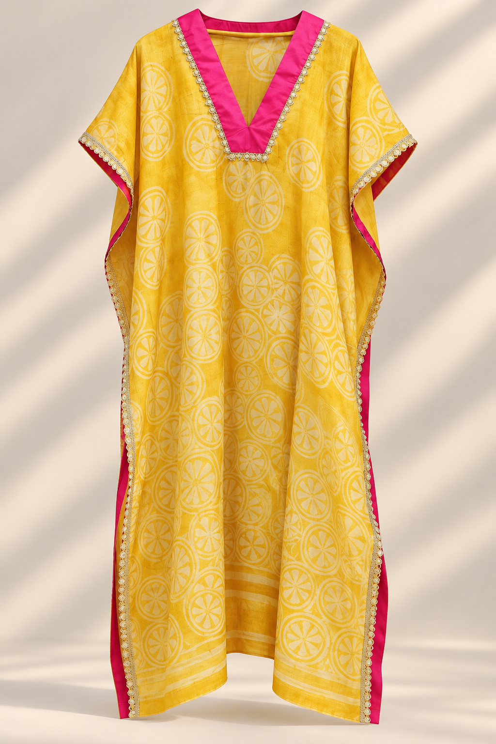 Golden Citrus yellow and fuchsia hand-painted silk kaftan design reference
