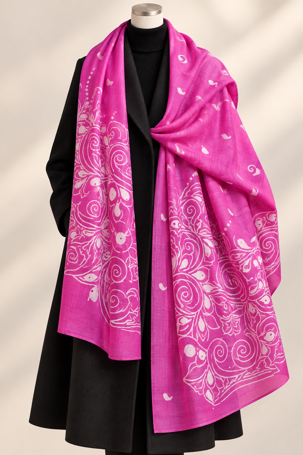 Fuchsia Scroll pink and ivory oversized hand-painted silk stole design reference