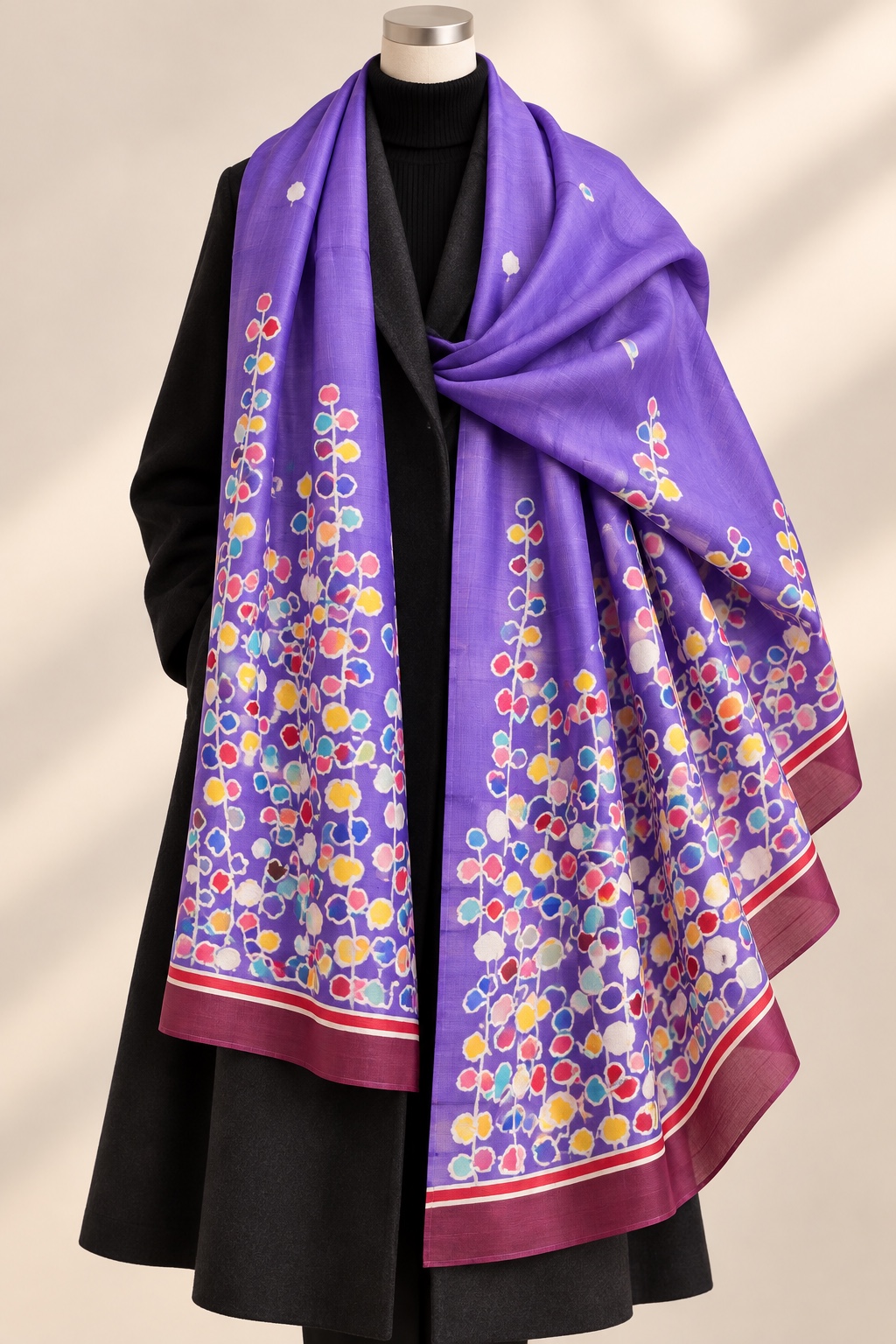 Violet Garden multicolor botanical oversized hand-painted silk stole design reference