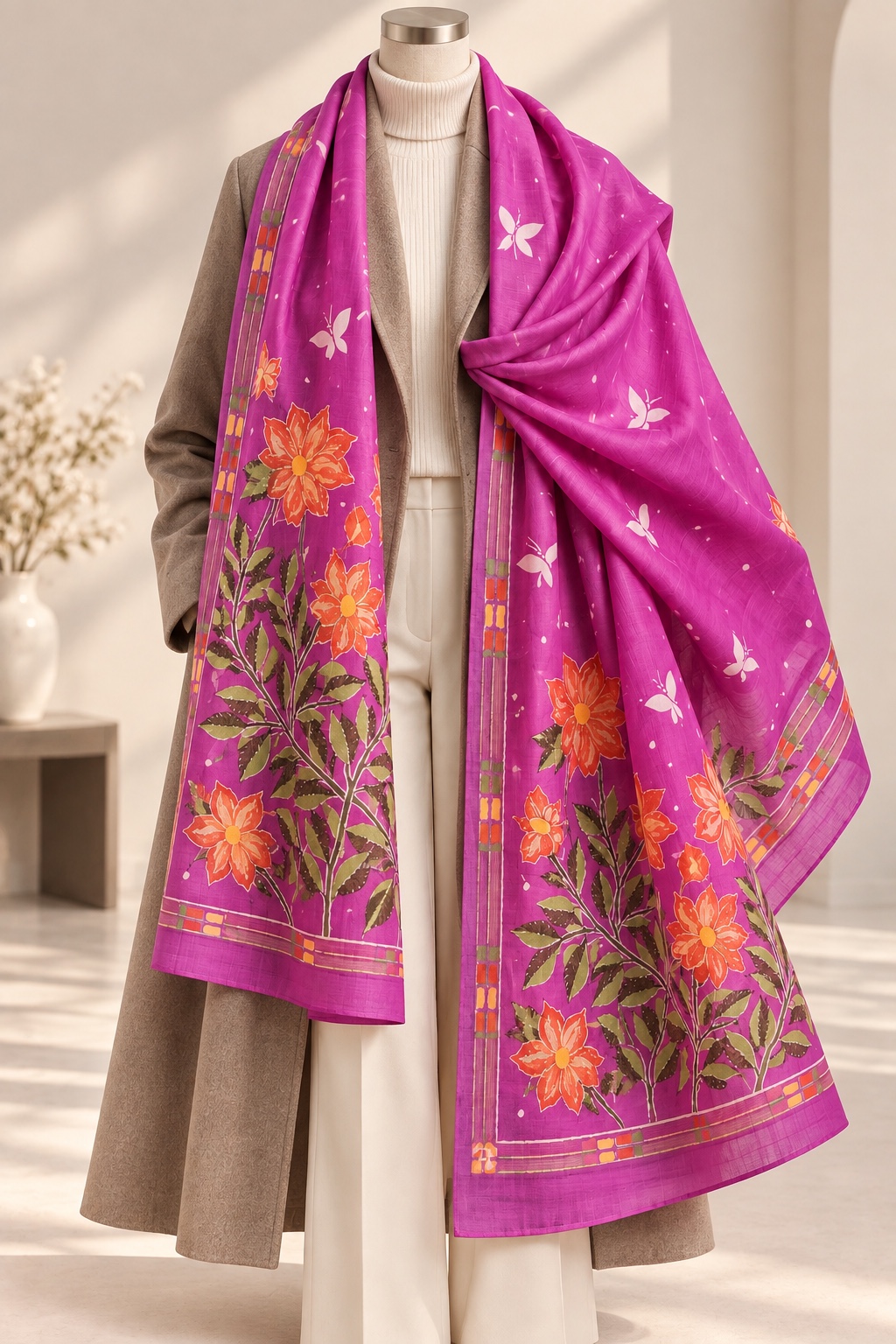 Fuchsia Garden floral oversized hand-painted silk stole design reference