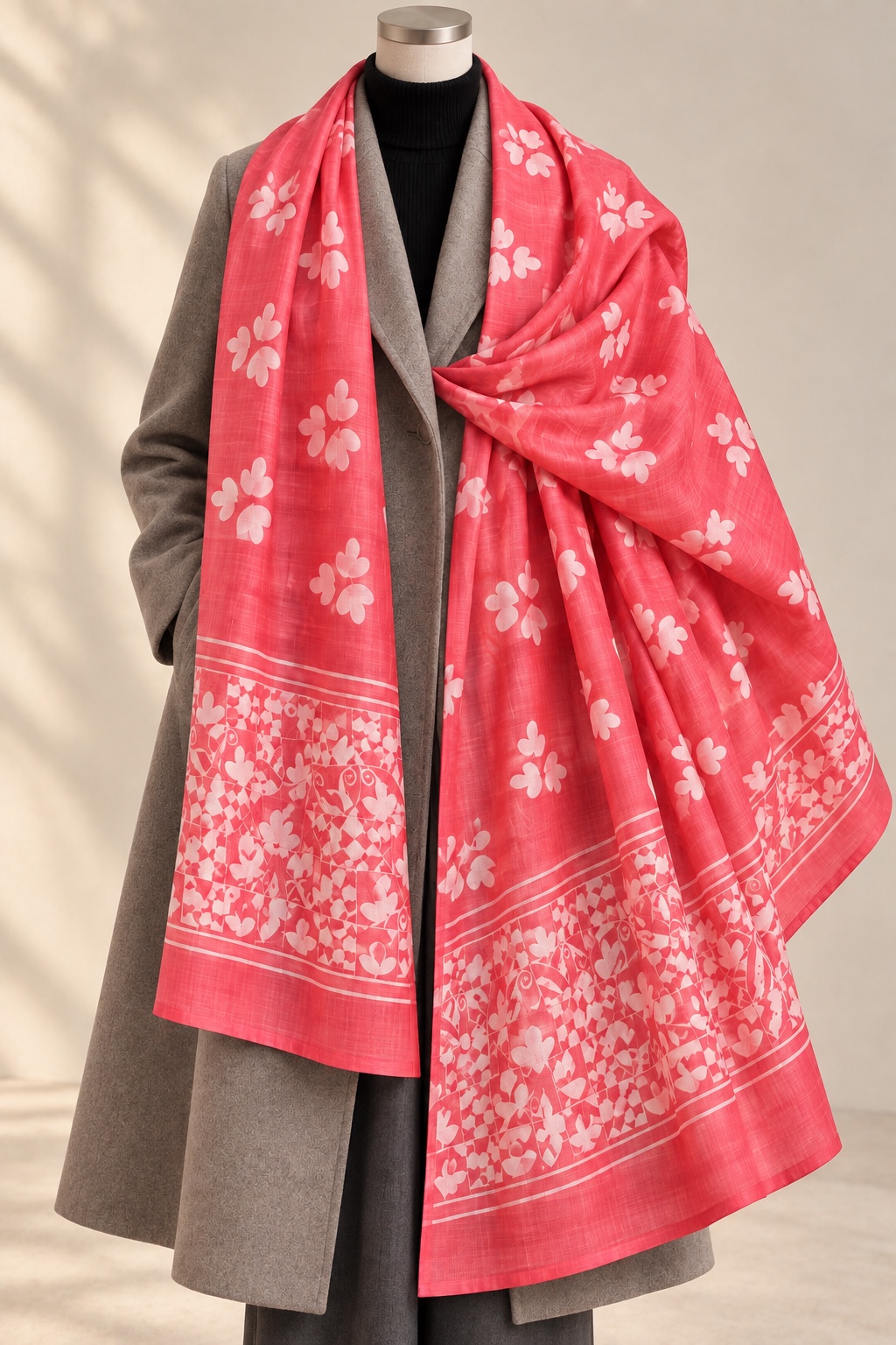 Coral Bloom ivory floral oversized hand-painted silk stole design reference