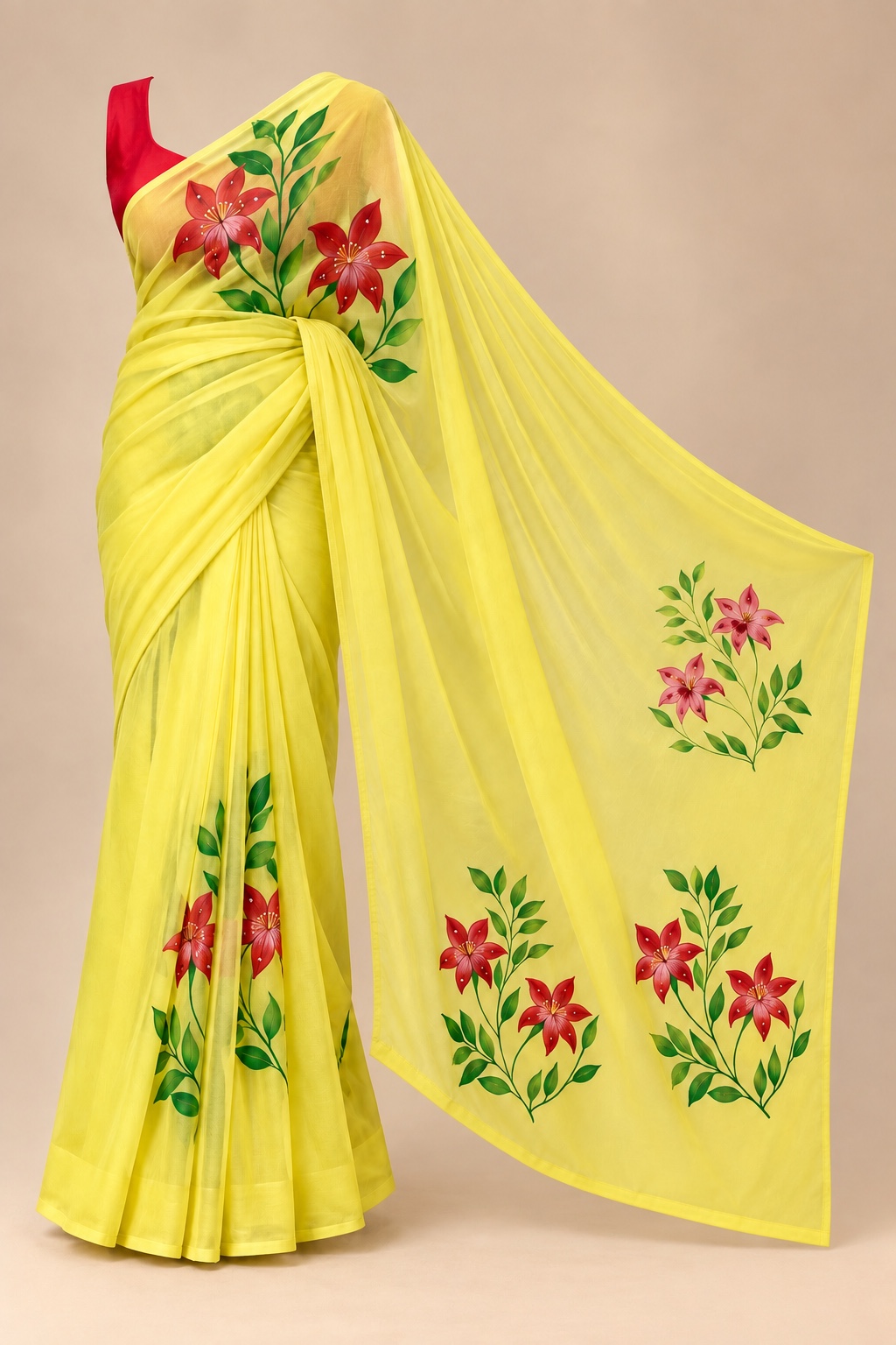 Sunlit Lilies yellow hand-painted silk saree design reference