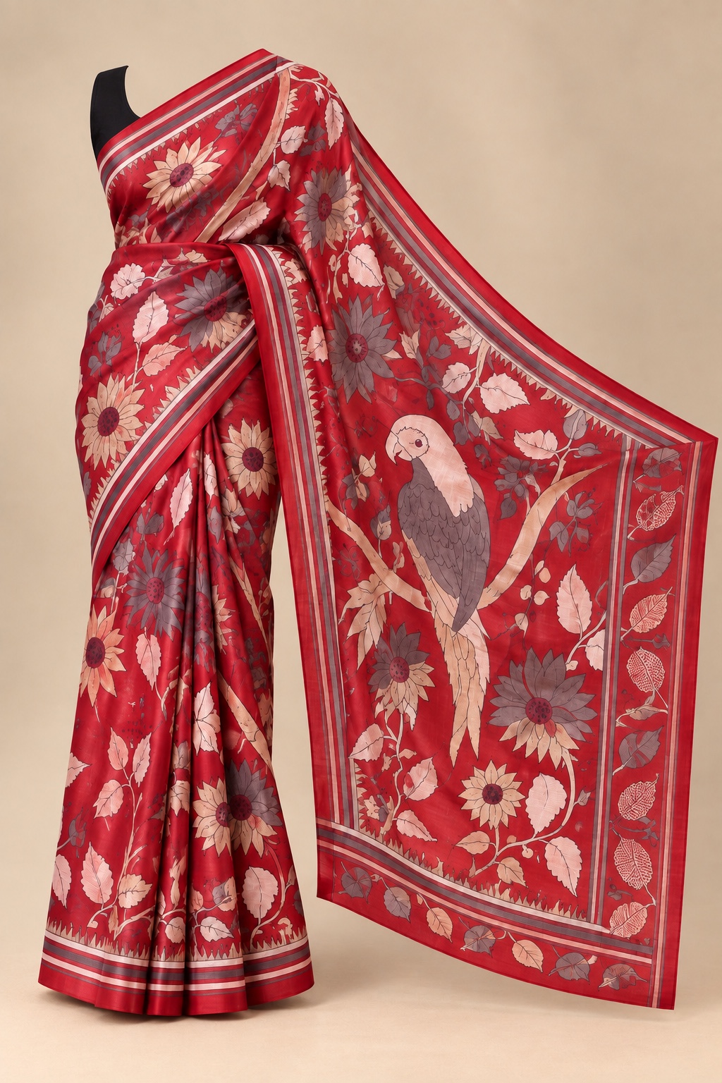 Scarlet Aviary red hand-painted silk saree design reference with florals and bird motif