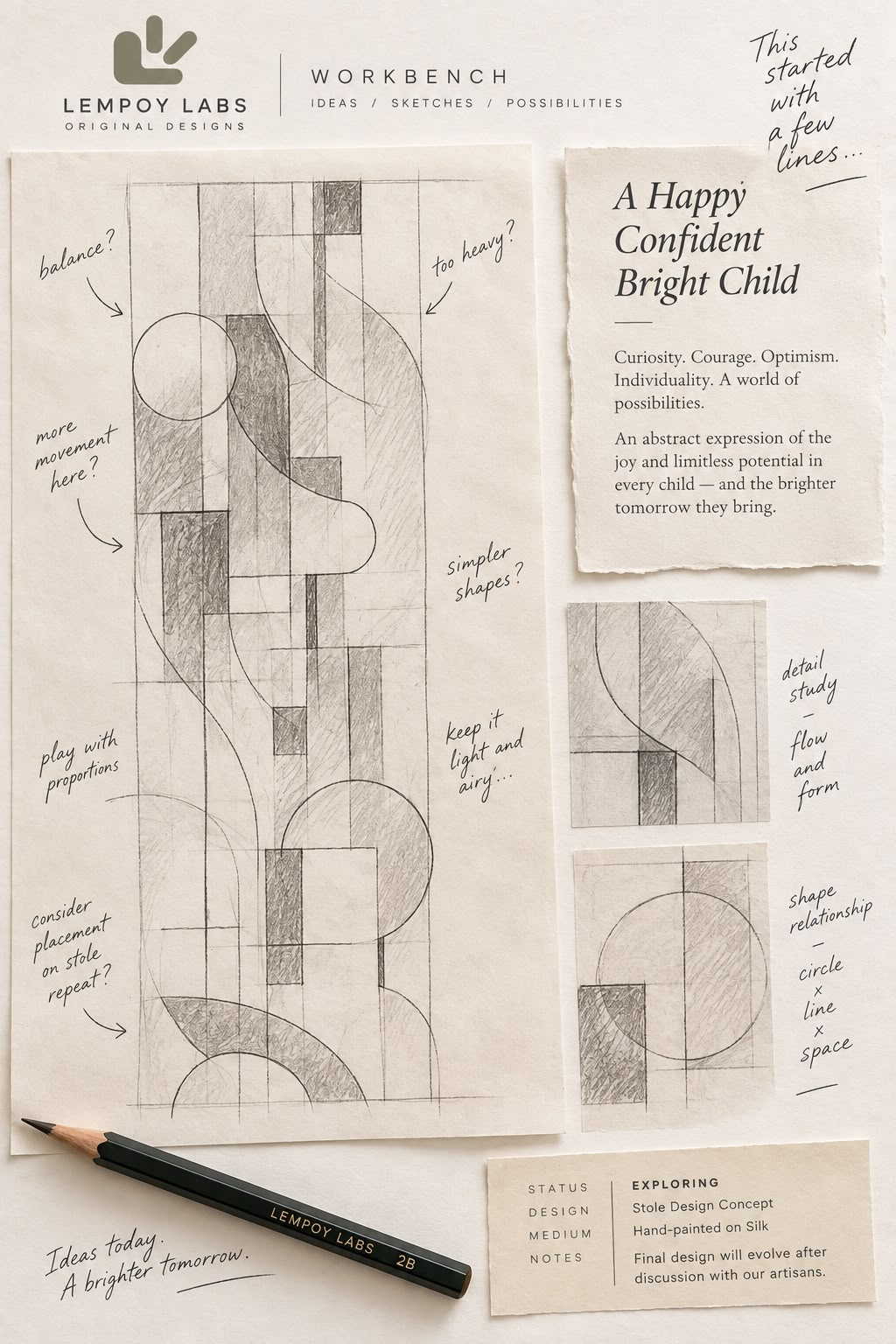 Early pencil design study titled A Happy, Confident, Bright Child, showing abstract shapes, proportions, and handwritten development notes