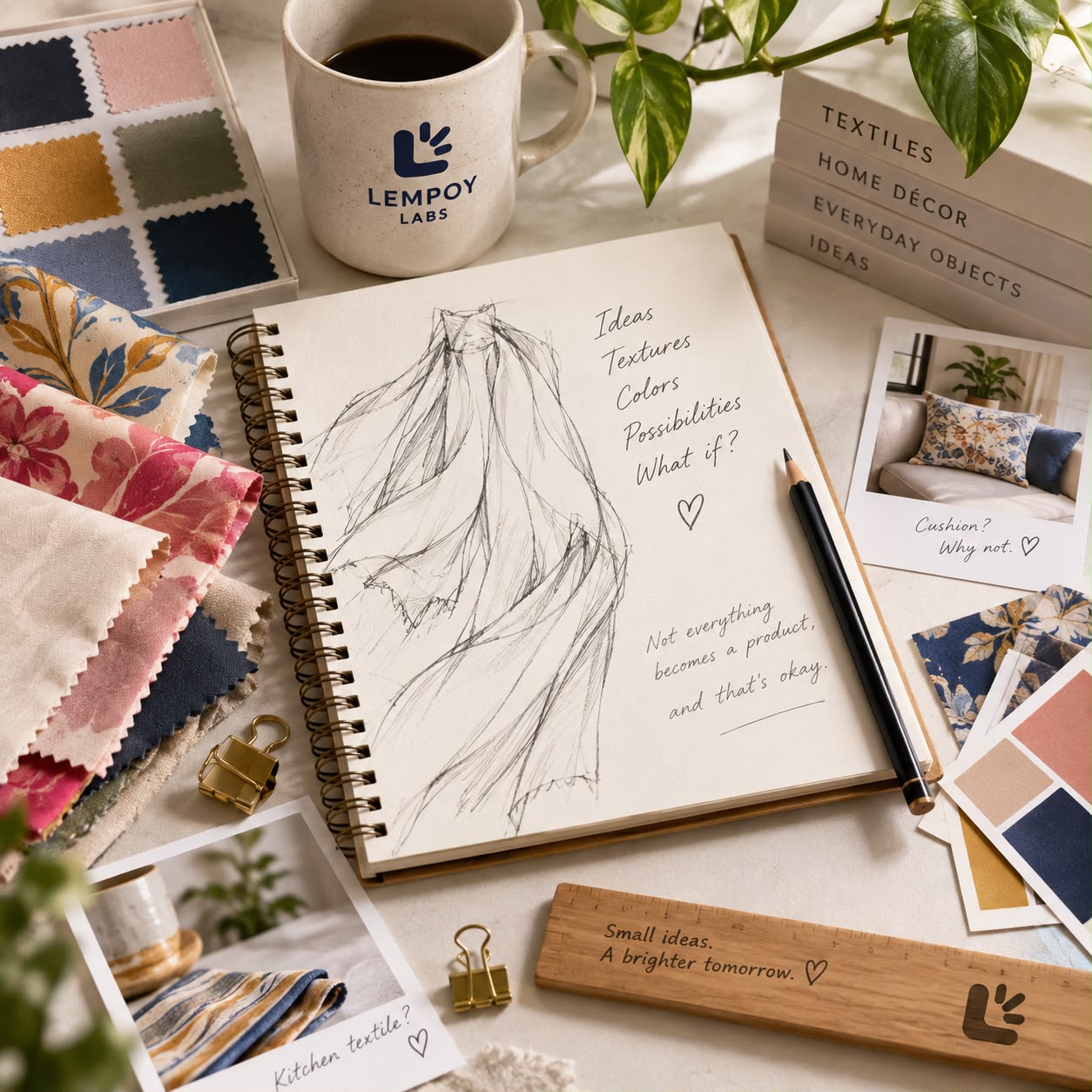 A Lempoy Labs working table with an incomplete sketch, textile fragments, color samples, photographs, a pencil, and coffee